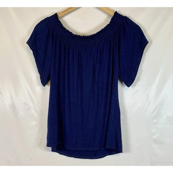 Lilly Pulitzer Almeria Navy Blue Smocked Off Shoulder Blouse Top Women’s Small - Picture 8 of 8